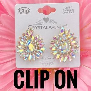 Iridescent AB Rhinestone Clip On Earrings
